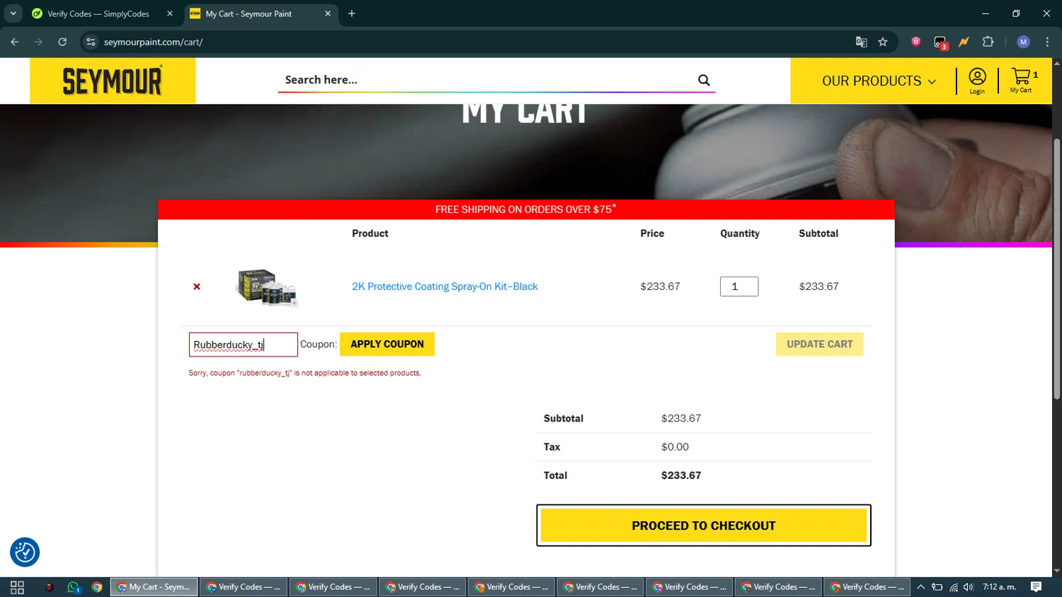 Seymour Paint coupon code screenshot showing code Rubberducky_tj applied at Seymour Paint checkout page. Uploaded by SimplyCodes community member VoucherCurator824 on Dec 19, 2025