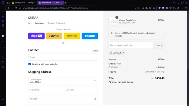 Sferra checkout page showing Sferra promo code box | Screenshot taken by SimplyCodes community member on Aug 26, 2025