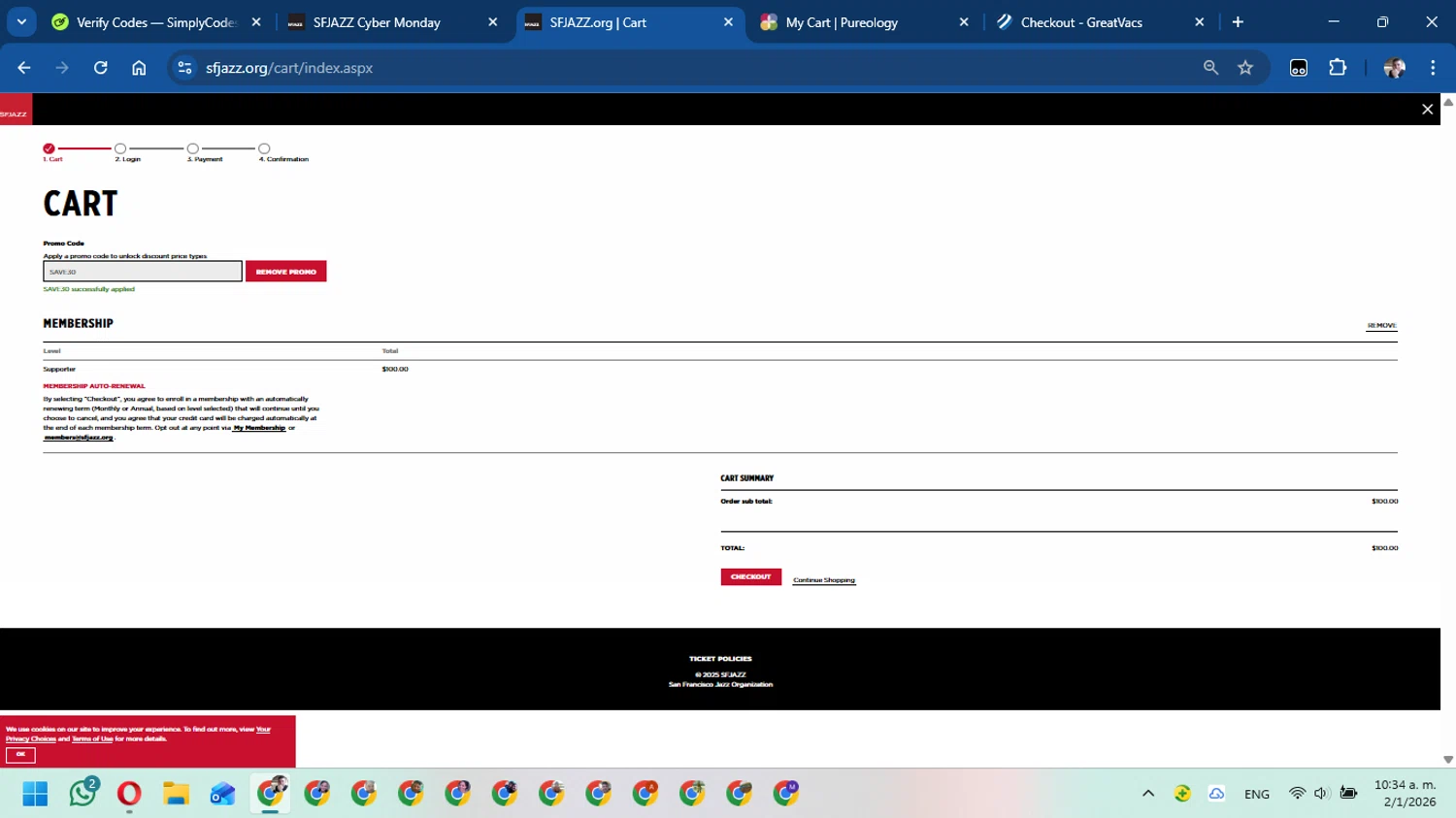 SFJAZZ checkout page showing SFJAZZ promo code box | Screenshot taken by SimplyCodes community member on Jan 2, 2026