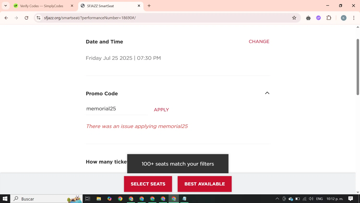 SFJAZZ promo code screenshot showing code memorial25 applied at SFJAZZ checkout page. Uploaded by SimplyCodes community member SavingsBoss9912 on May 28, 2025