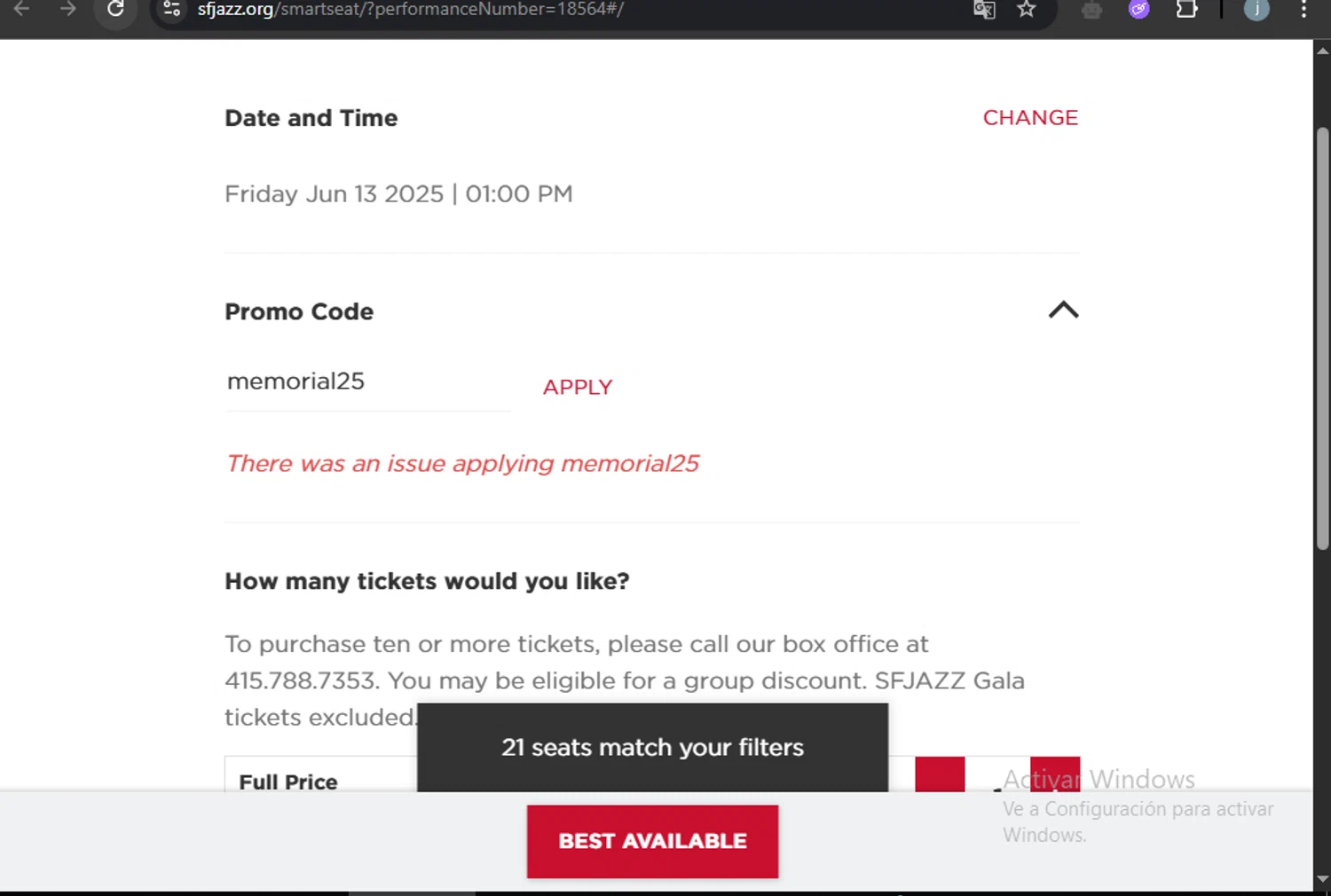 SFJAZZ promo code screenshot showing code memorial25 applied at SFJAZZ checkout page. Uploaded by SimplyCodes community member VictoriousCurator5776 on May 28, 2025