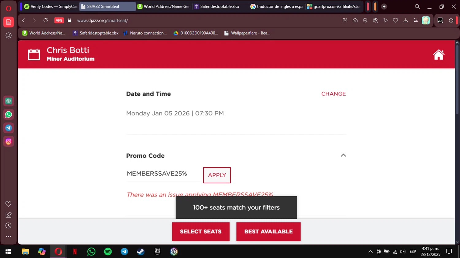 SFJAZZ promo code screenshot showing code MEMBERSSAVE25% applied at SFJAZZ checkout page. Uploaded by SimplyCodes community member MimusukyNara on Dec 23, 2025