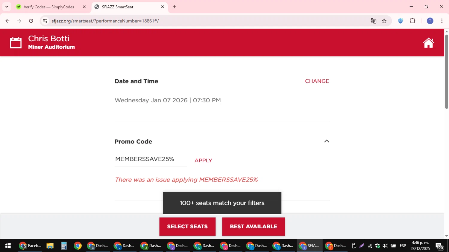 SFJAZZ promo code screenshot showing code MEMBERSSAVE25% applied at SFJAZZ checkout page. Uploaded by SimplyCodes community member snidertom8 on Dec 23, 2025