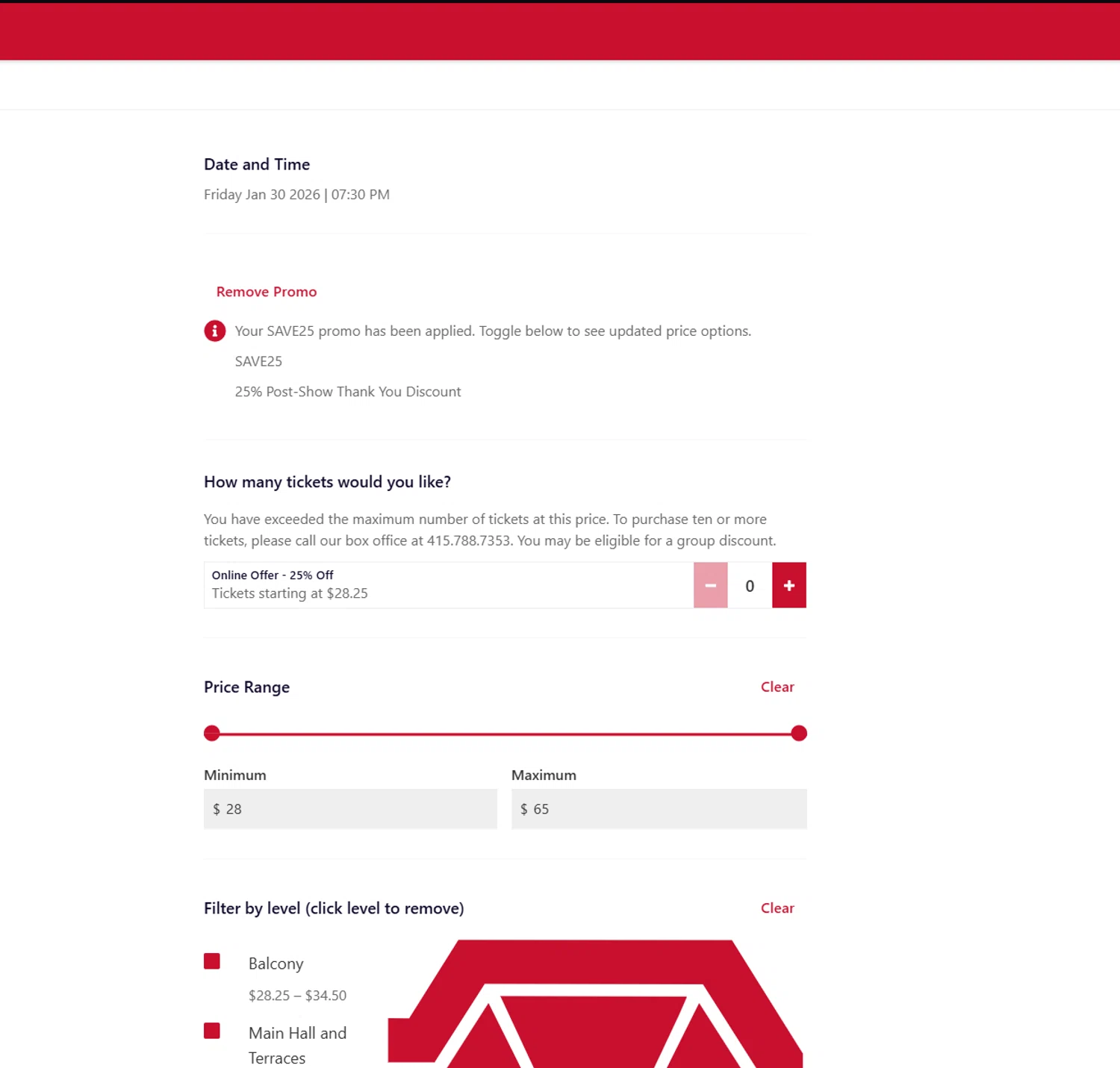 SFJAZZ promo code screenshot showing code SAVE25 applied at SFJAZZ checkout page. Uploaded by SimplyCodes community member Halanweik on Jan 30, 2026