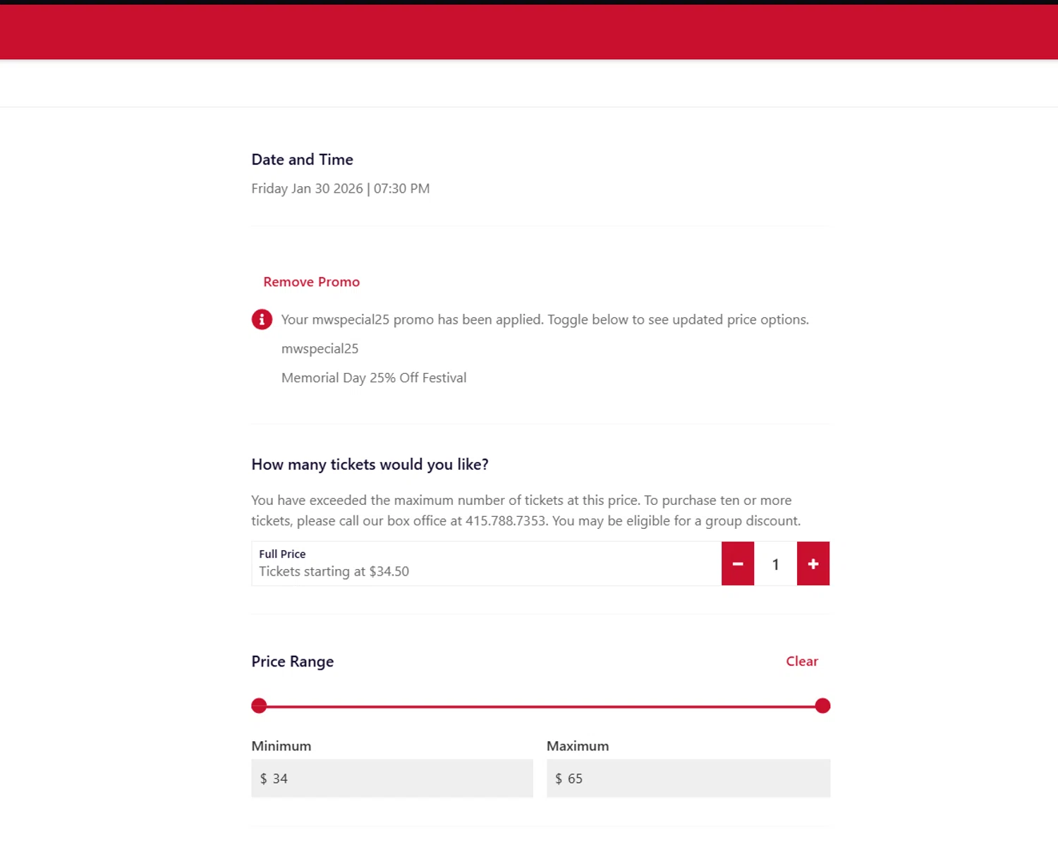 SFJAZZ promo code screenshot showing code mwspecial25 applied at SFJAZZ checkout page. Uploaded by SimplyCodes community member Billyyou on Jan 30, 2026