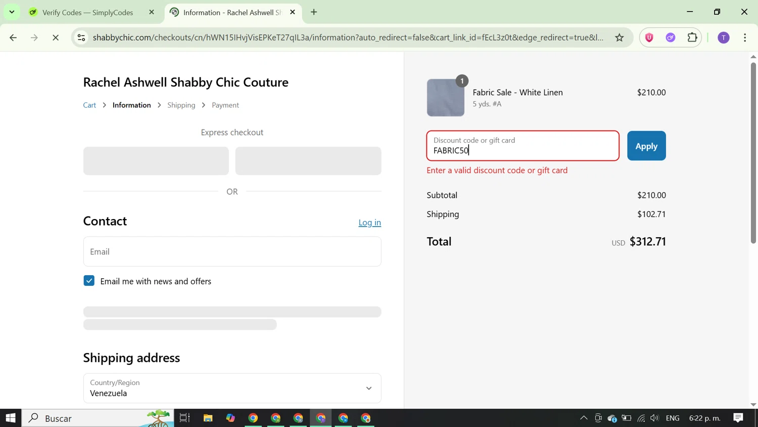 Shabby Chic promo code screenshot showing code FABRIC50 applied at Shabby Chic checkout page. Uploaded by SimplyCodes community member FortunateCurator5882 on Jul 26, 2025