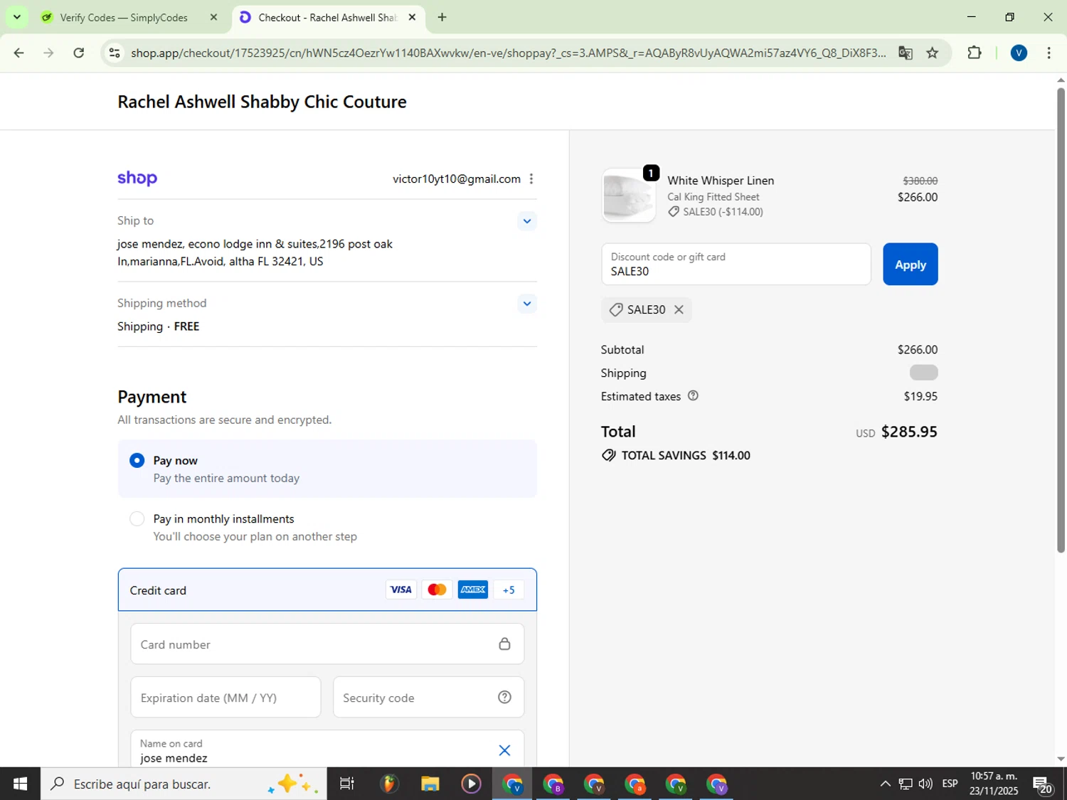 Shabby Chic checkout page showing Shabby Chic promo code box | Screenshot taken by SimplyCodes community member on Nov 23, 2025