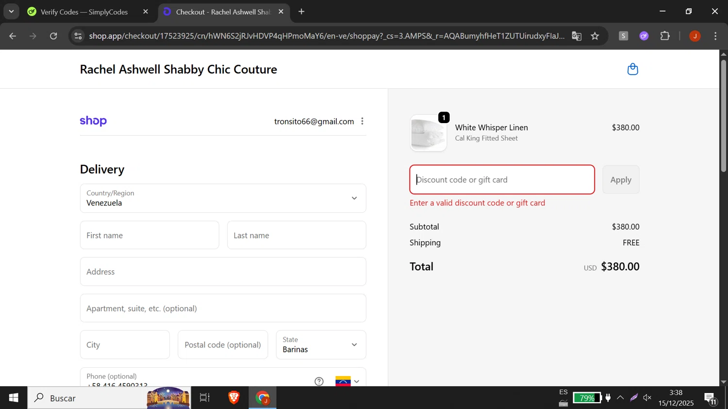 Shabby Chic promo code screenshot showing code SC30 applied at Shabby Chic checkout page. Uploaded by SimplyCodes community member DORIANGEL on Dec 15, 2025