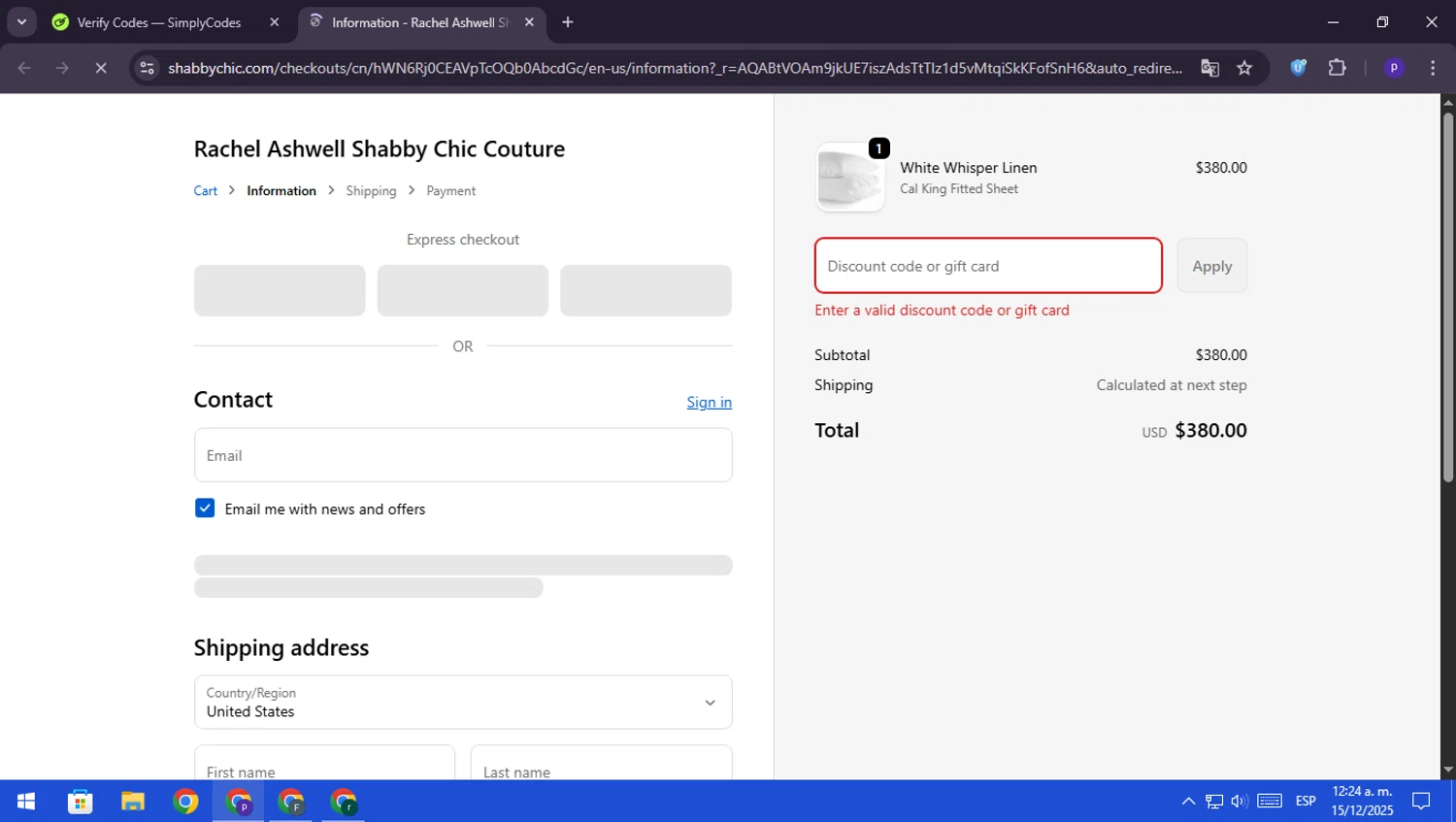 Shabby Chic promo code screenshot showing code SC30 applied at Shabby Chic checkout page. Uploaded by SimplyCodes community member RebateScout6612 on Dec 15, 2025