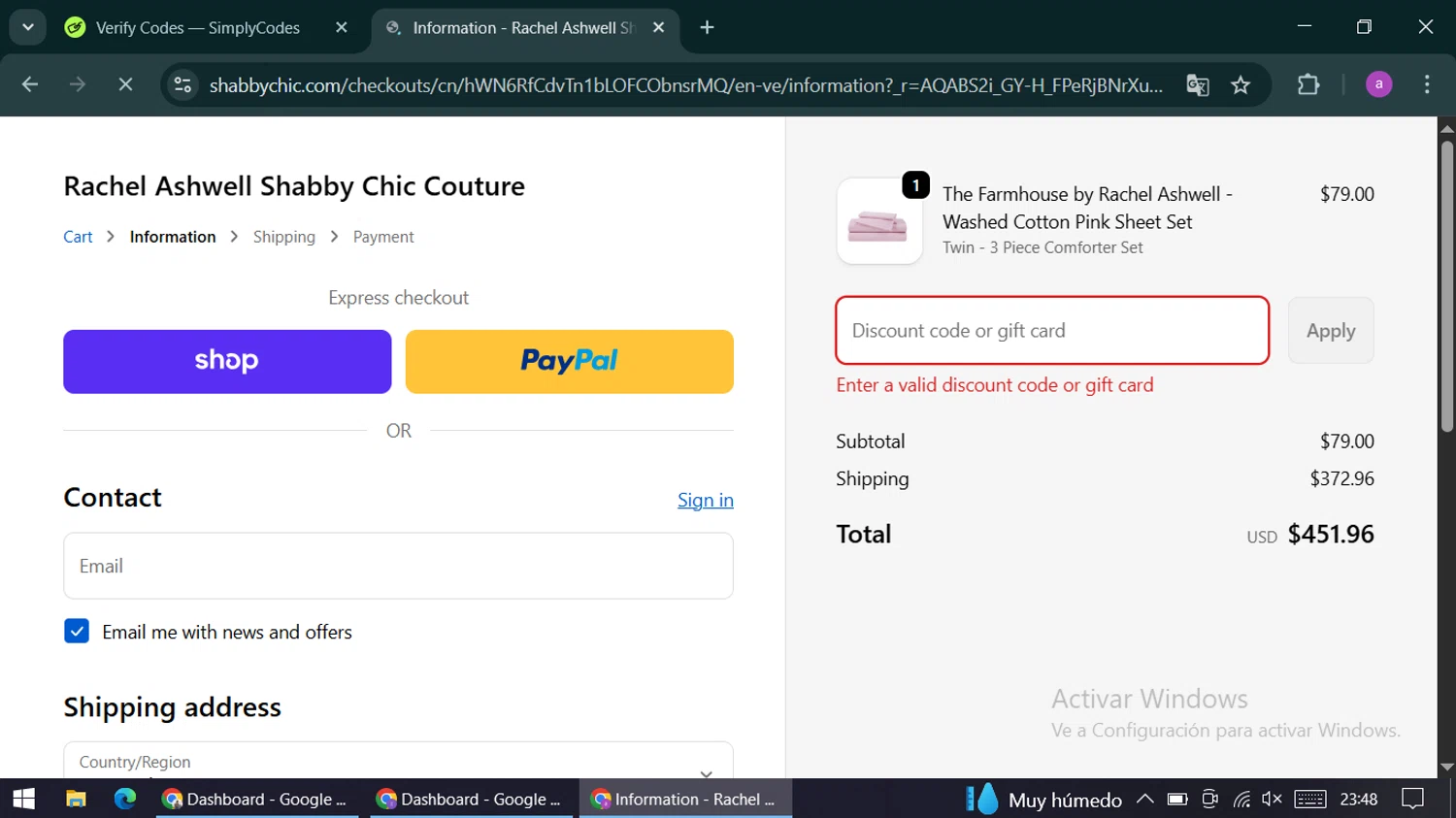 Shabby Chic promo code screenshot showing code SC30 applied at Shabby Chic checkout page. Uploaded by SimplyCodes community member alexandracarolina on Dec 15, 2025