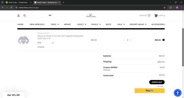 Shade Critters checkout page showing Shade Critters coupon code box | Screenshot taken by SimplyCodes community member on Apr 20, 2024