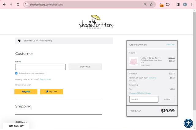 Shade Critters checkout page showing Shade Critters coupon code box | Screenshot taken by SimplyCodes community member on Dec 18, 2023