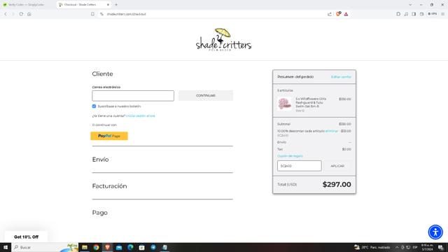 Shade Critters checkout page showing Shade Critters coupon code box | Screenshot taken by SimplyCodes community member on Jul 5, 2024