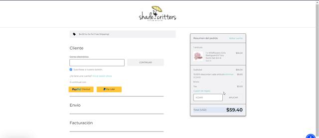Shade Critters checkout page showing Shade Critters coupon code box | Screenshot taken by SimplyCodes community member on Jun 6, 2024