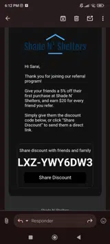 Shade N' Shelters coupon verification screenshot