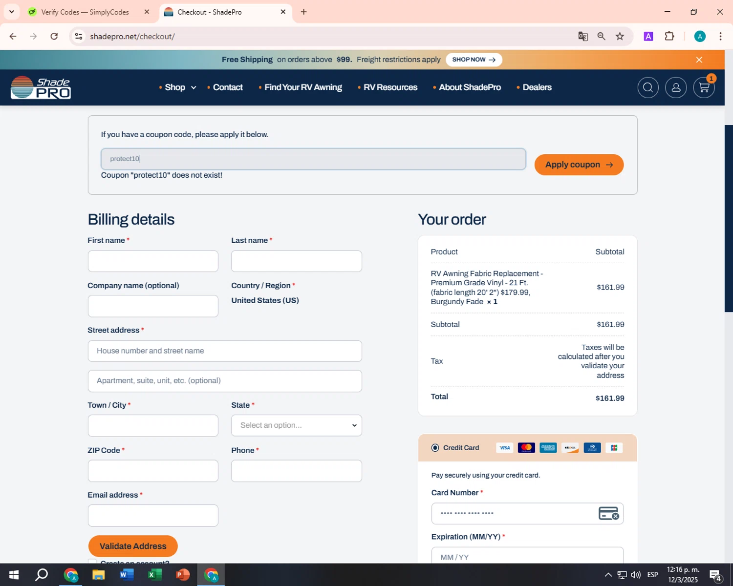 Shade Pro coupon code screenshot showing code protect10 applied at Shade Pro checkout page. Uploaded by SimplyCodes community member FortunateSentinel9389 on Mar 12, 2025