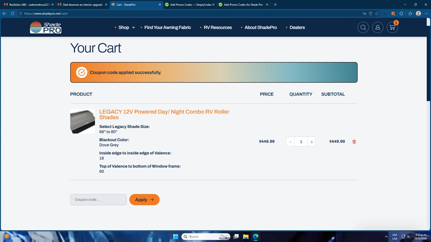 Shade Pro promo code screenshot showing code SHADEPRODAD2026 applied at Shade Pro checkout page. Uploaded by SimplyCodes community member Mdeoca on May 29, 2026