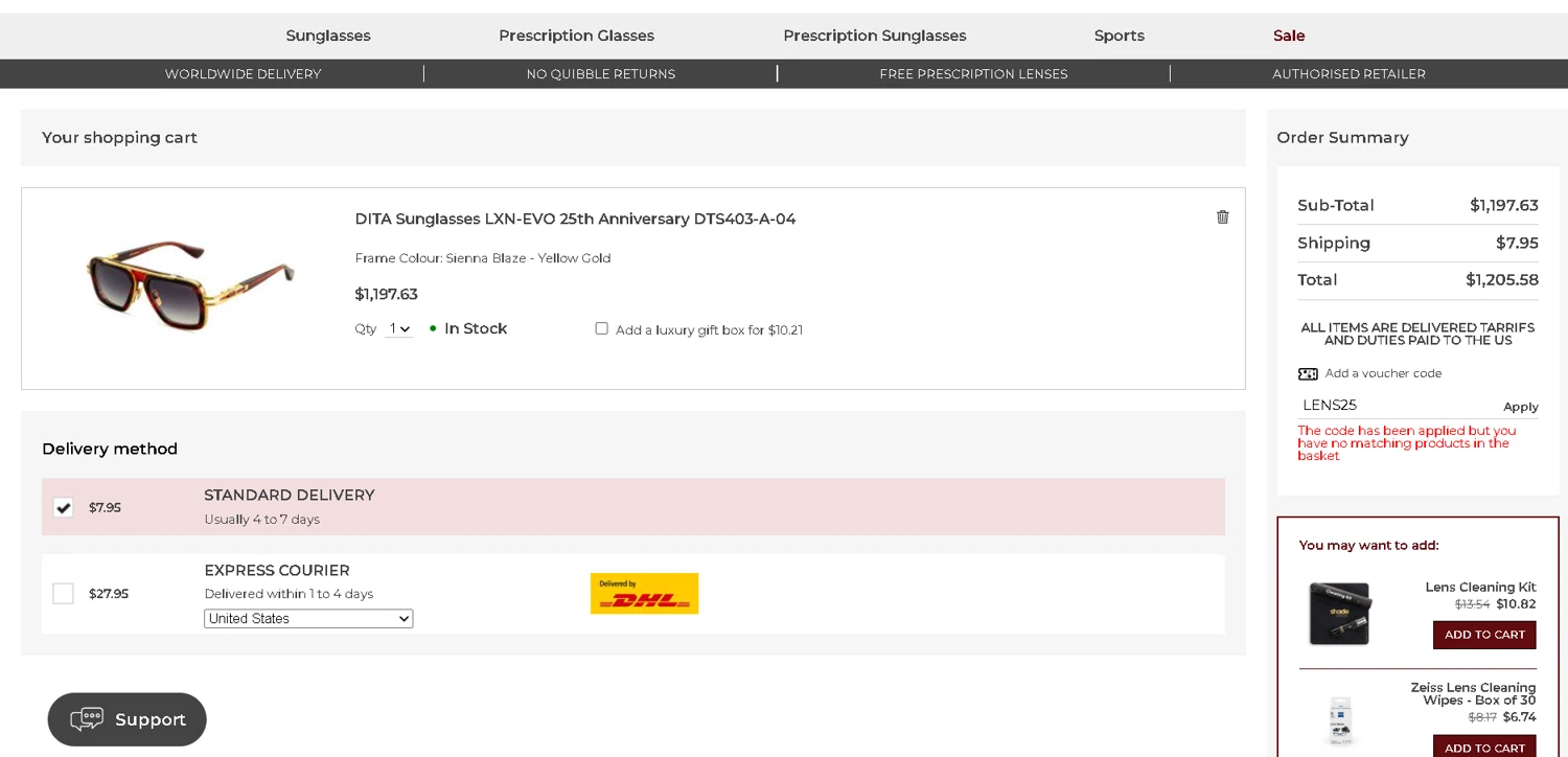 Shade Station USA promo code screenshot showing code LENS25 applied at Shade Station USA checkout page. Uploaded by SimplyCodes community member CRYSTALSUICINE on Feb 15, 2026