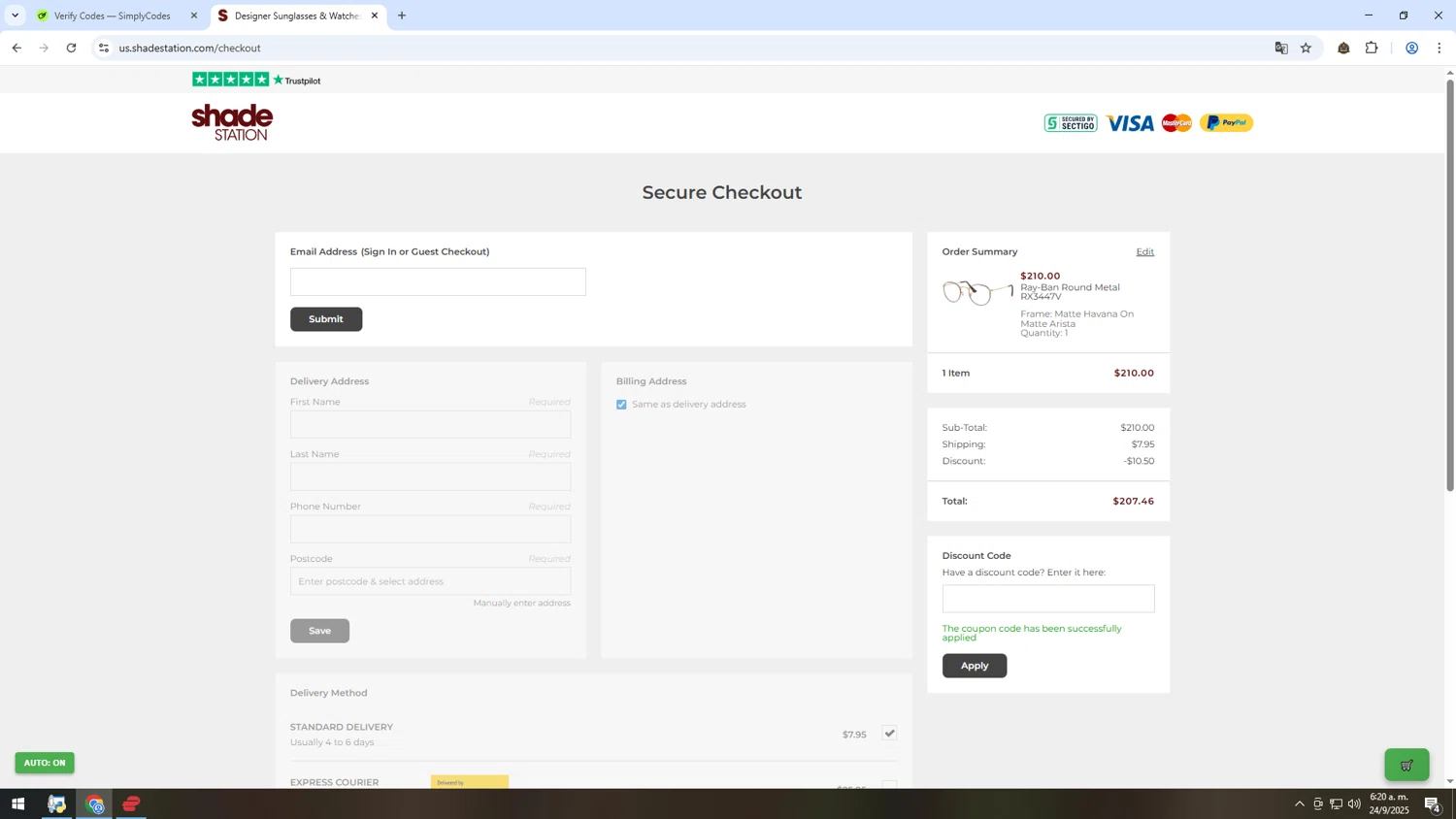 Shade Station USA promo code screenshot showing code TIKTOK5 applied at Shade Station USA checkout page. Uploaded by SimplyCodes community member MRYORMAN on Sep 24, 2025