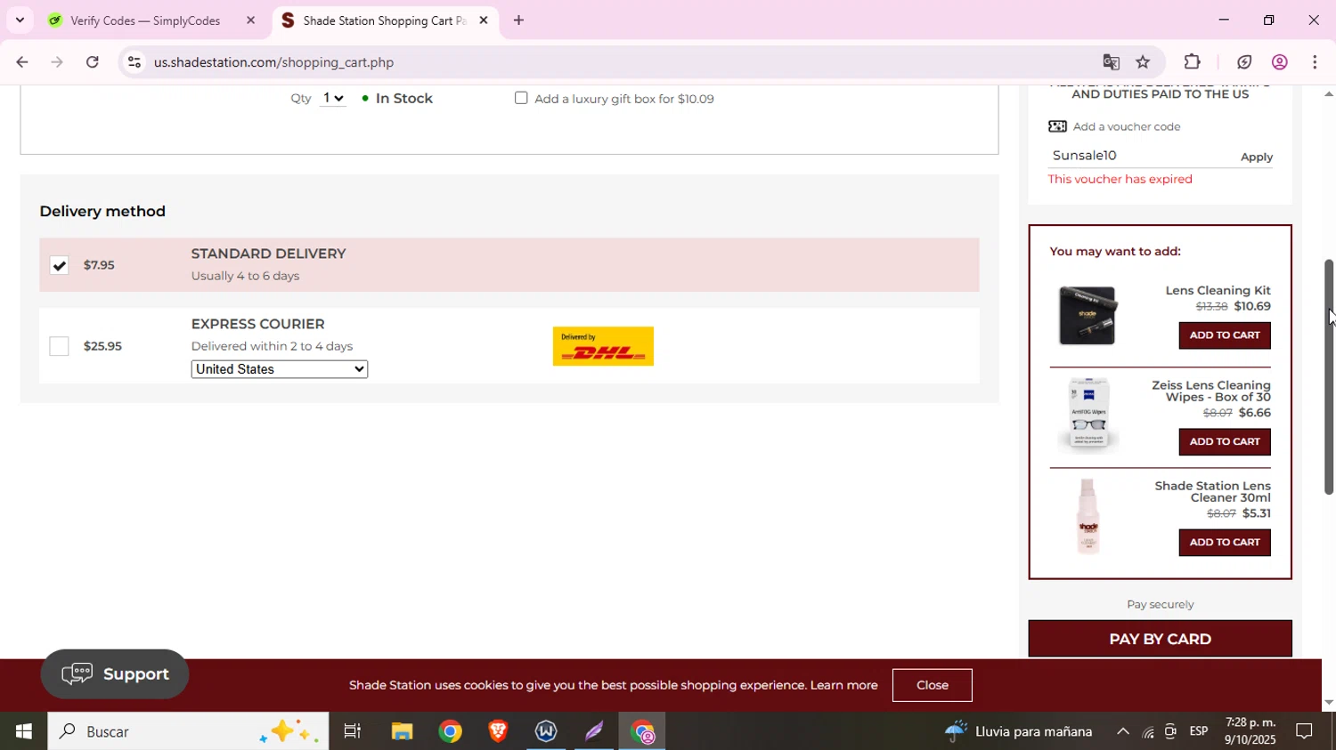 Shade Station USA promo code screenshot showing code Sunsale10 applied at Shade Station USA checkout page. Uploaded by SimplyCodes community member TokenAce5969 on Oct 9, 2025