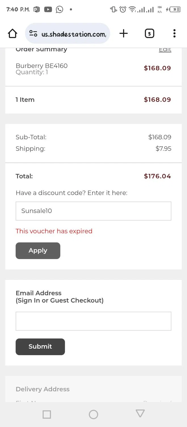 Shade Station USA promo code screenshot showing code Sunsale10 applied at Shade Station USA checkout page. Uploaded by SimplyCodes community member tumiedo on Oct 9, 2025