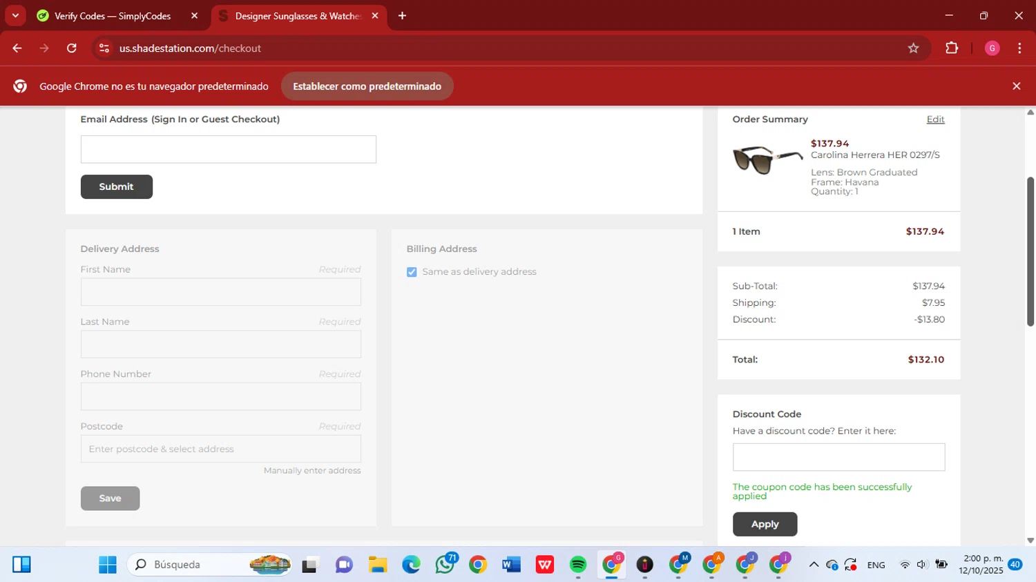 Shade Station USA promo code screenshot showing code STYLE10 applied at Shade Station USA checkout page. Uploaded by SimplyCodes community member GGGilbert on Oct 12, 2025