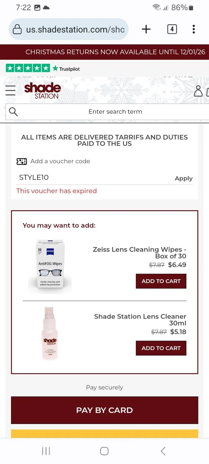 Shade Station USA promo code screenshot showing code STYLE10 applied at Shade Station USA checkout page. Uploaded by SimplyCodes community member ScanMaverick9378 on Nov 10, 2025