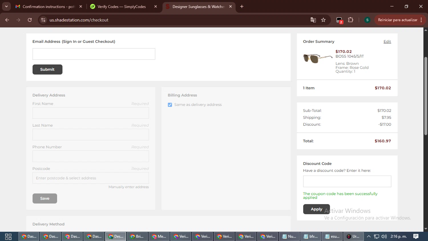 Shade Station USA promo code screenshot showing code STYLE10 applied at Shade Station USA checkout page. Uploaded by SimplyCodes community member ShrewdAce7935 on Oct 12, 2025