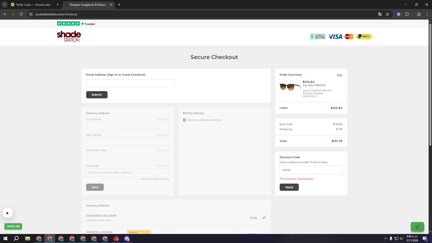 Shade Station USA promo code screenshot showing code SNS10 applied at Shade Station USA checkout page. Uploaded by SimplyCodes community member aaaaaaaaaaaaaaaa on Jan 31, 2026