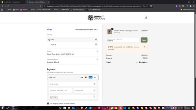 Shadow Hunter Blinds checkout page showing Shadow Hunter Blinds coupon code box | Screenshot taken by SimplyCodes community member on Oct 2, 2025