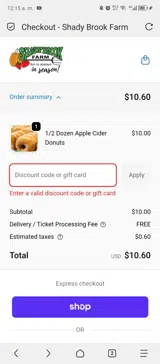 Shady Brook Farm coupon verification screenshot