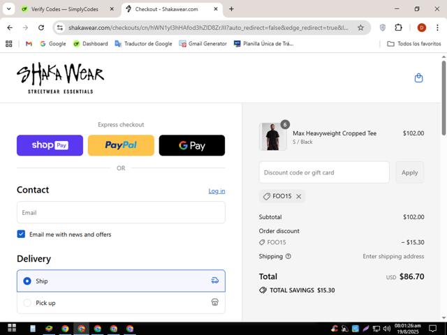 Shaka Wear checkout page showing Shaka Wear discount code box | Screenshot taken by SimplyCodes community member on Aug 19, 2025