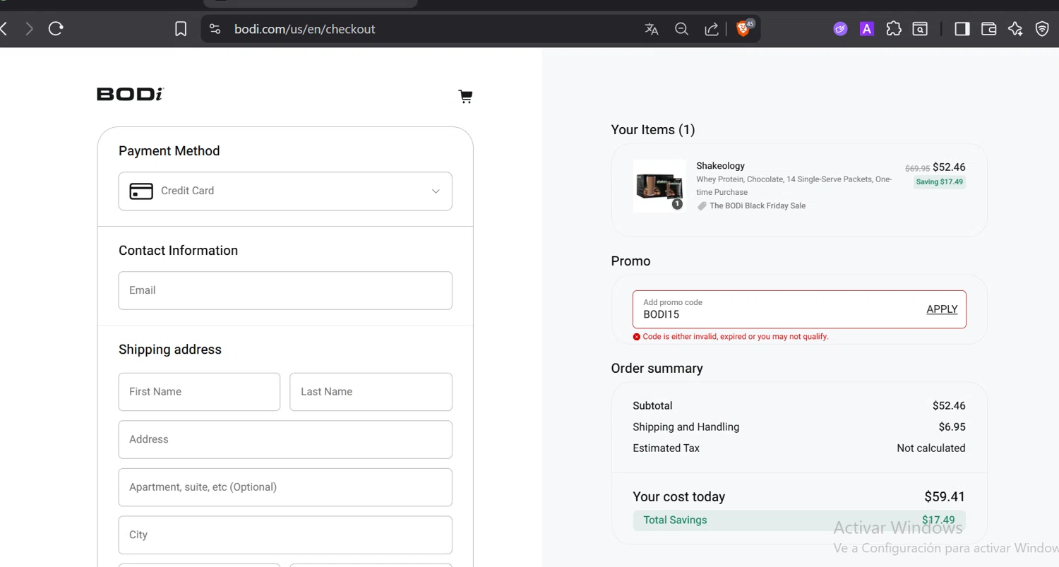 Shakeology promo code screenshot showing code BODI15 applied at Shakeology checkout page. Uploaded by SimplyCodes community member CashElite5536 on Nov 26, 2025