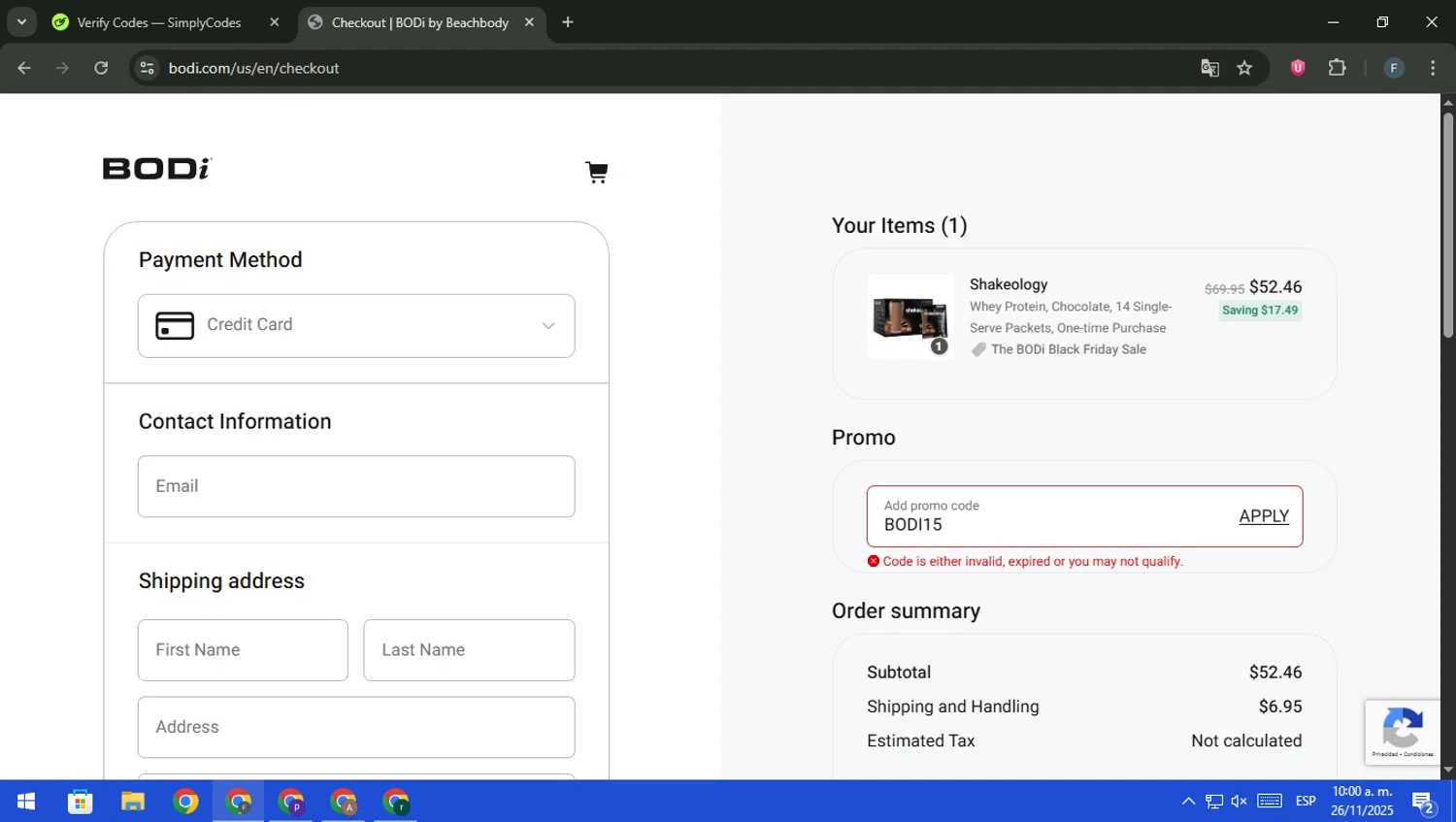 Shakeology promo code screenshot showing code BODI15 applied at Shakeology checkout page. Uploaded by SimplyCodes community member pajarito on Nov 26, 2025