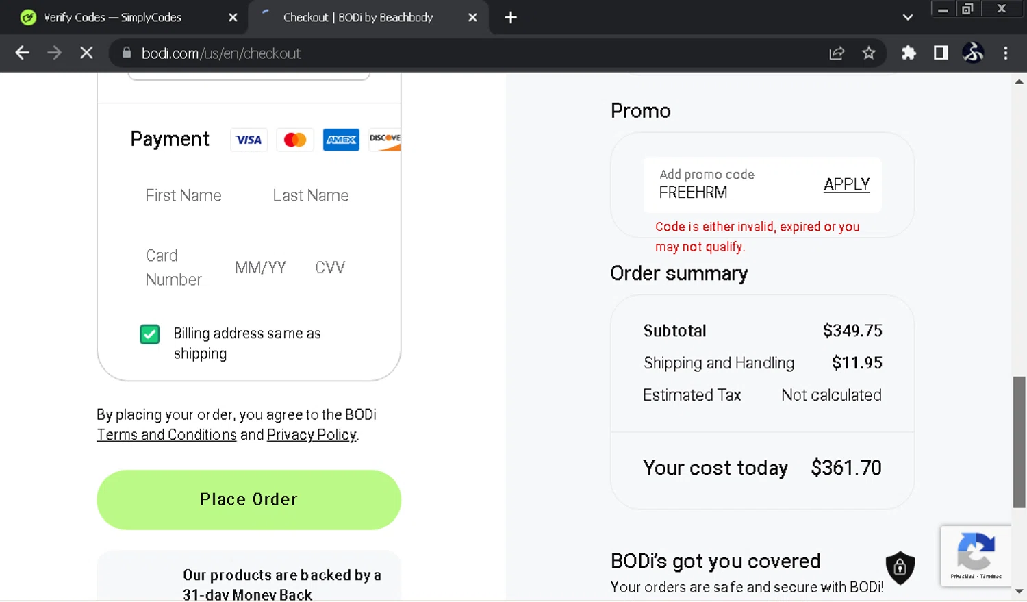 Shakeology promo code screenshot showing code FREEHRM applied at Shakeology checkout page. Uploaded by SimplyCodes community member SwiftOwl697 on Nov 1, 2025