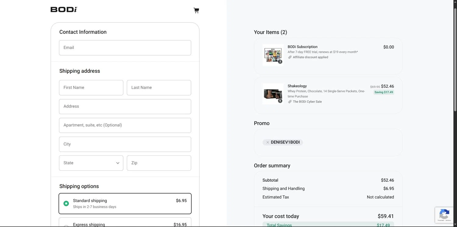 Shakeology promo code screenshot showing code DENISEV1BODI applied at Shakeology checkout page. Uploaded by SimplyCodes community member Depressive on Dec 19, 2025