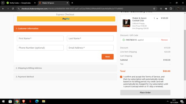 Shaker & Spoon checkout page showing Shaker & Spoon discount code box | Screenshot taken by SimplyCodes community member on Nov 19, 2024