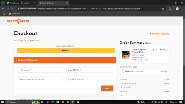 Shaker & Spoon checkout page showing Shaker & Spoon discount code box | Screenshot taken by SimplyCodes community member on Nov 19, 2024