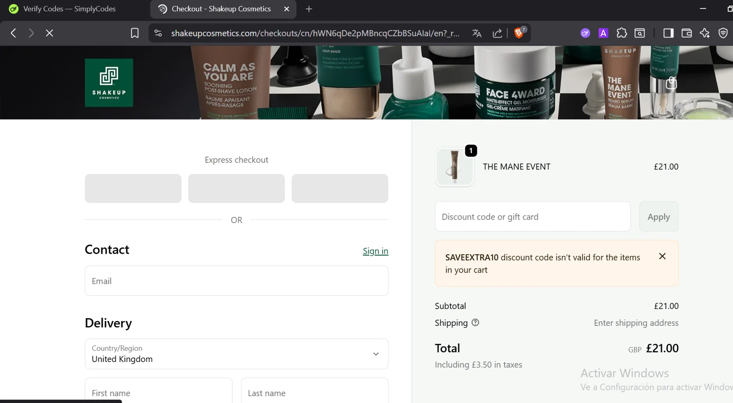 Shakeup Cosmetics discount code screenshot showing code SAVEEXTRA10 applied at Shakeup Cosmetics checkout page. Uploaded by SimplyCodes community member Trump23 on Dec 25, 2025