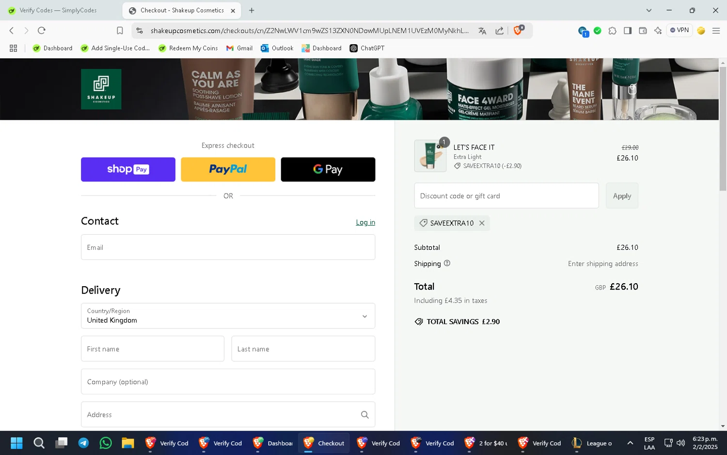 Shakeup Cosmetics discount code screenshot showing code SAVEEXTRA10 applied at Shakeup Cosmetics checkout page. Uploaded by SimplyCodes community member CleverMonarch8868 on Feb 2, 2025
