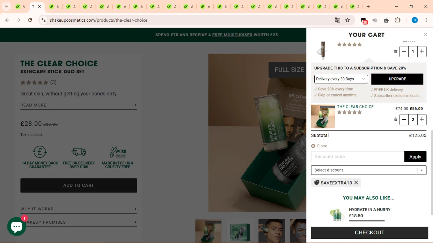 Shakeup Cosmetics discount code screenshot showing code SAVEEXTRA10 applied at Shakeup Cosmetics checkout page. Uploaded by SimplyCodes community member uleesesv on Apr 17, 2025