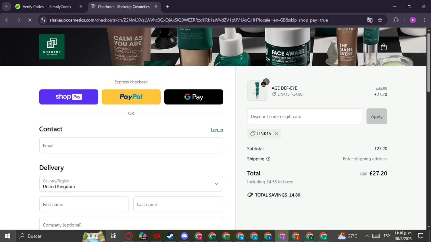Shakeup Cosmetics discount code screenshot showing code LINK15 applied at Shakeup Cosmetics checkout page. Uploaded by SimplyCodes community member CashChaser8387 on May 1, 2025
