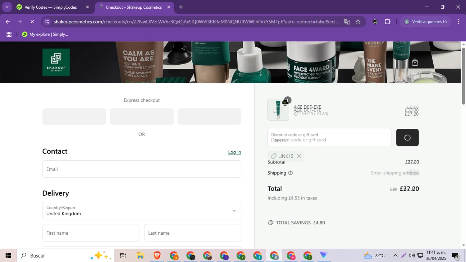 Shakeup Cosmetics discount code screenshot showing code LINK15 applied at Shakeup Cosmetics checkout page. Uploaded by SimplyCodes community member MoneySeeker8573 on May 1, 2025