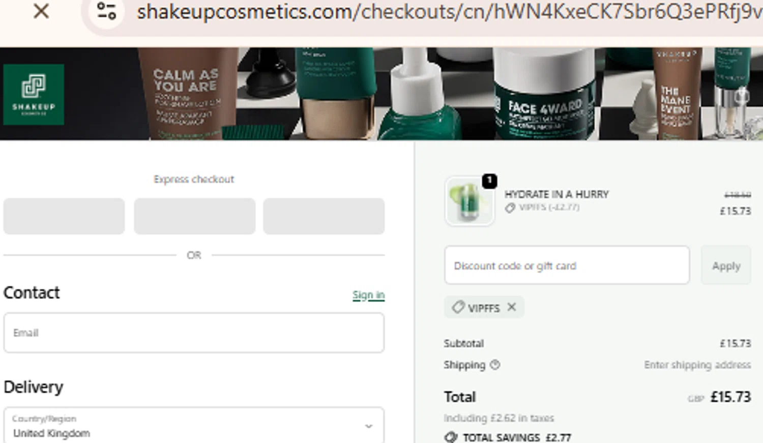 Shakeup Cosmetics discount code screenshot showing code VIPFFS applied at Shakeup Cosmetics checkout page. Uploaded by SimplyCodes community member BudgetLion5814 on Oct 20, 2025