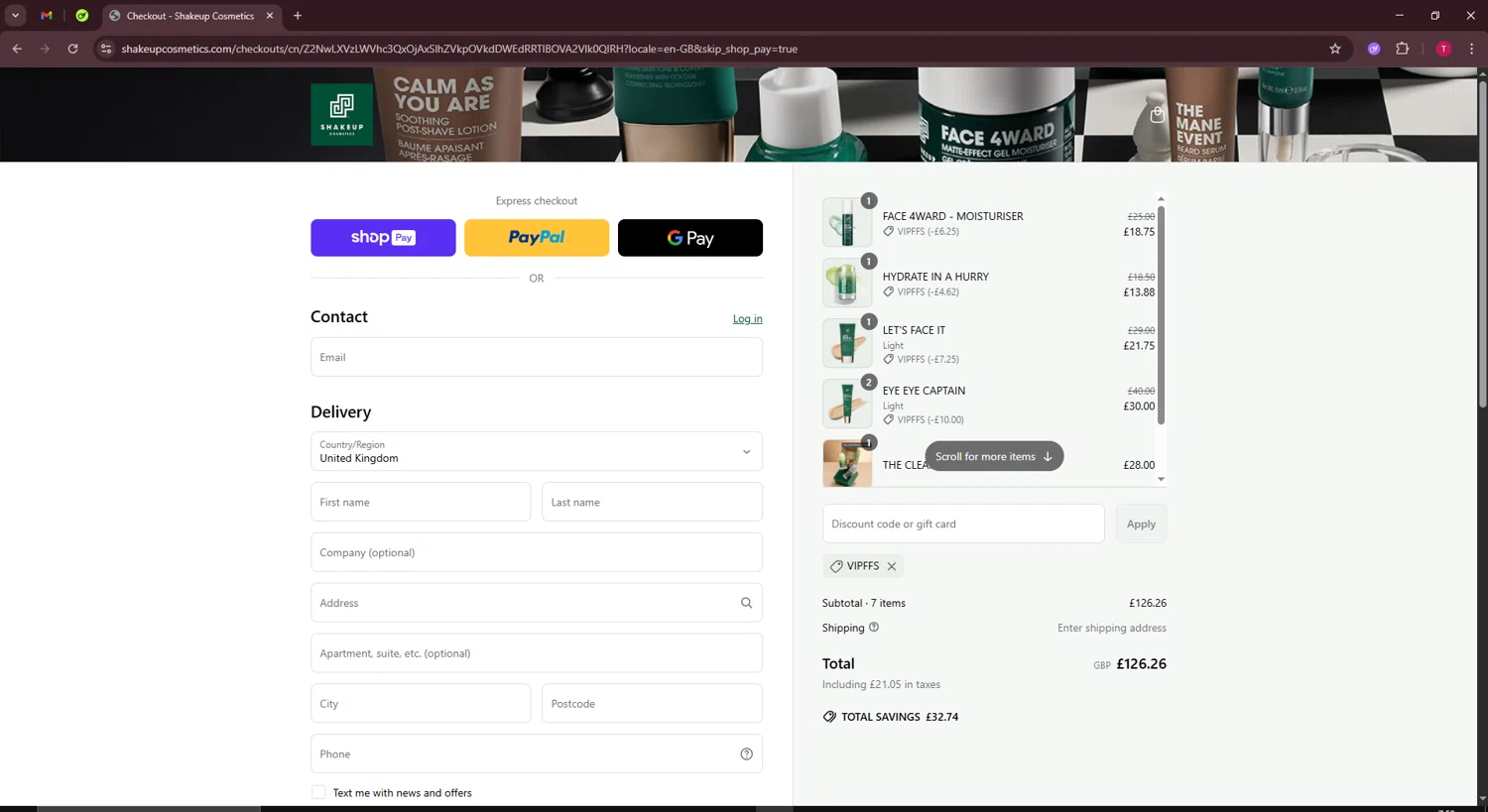 Shakeup Cosmetics discount code screenshot showing code VIPFFS applied at Shakeup Cosmetics checkout page. Uploaded by SimplyCodes community member WiseScout3498 on Jun 17, 2025