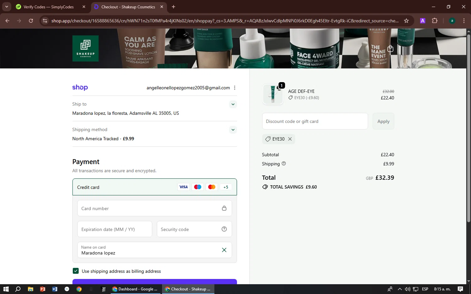 Shakeup Cosmetics discount code screenshot showing code EYE30 applied at Shakeup Cosmetics checkout page. Uploaded by SimplyCodes community member zizu55 on Dec 30, 2025