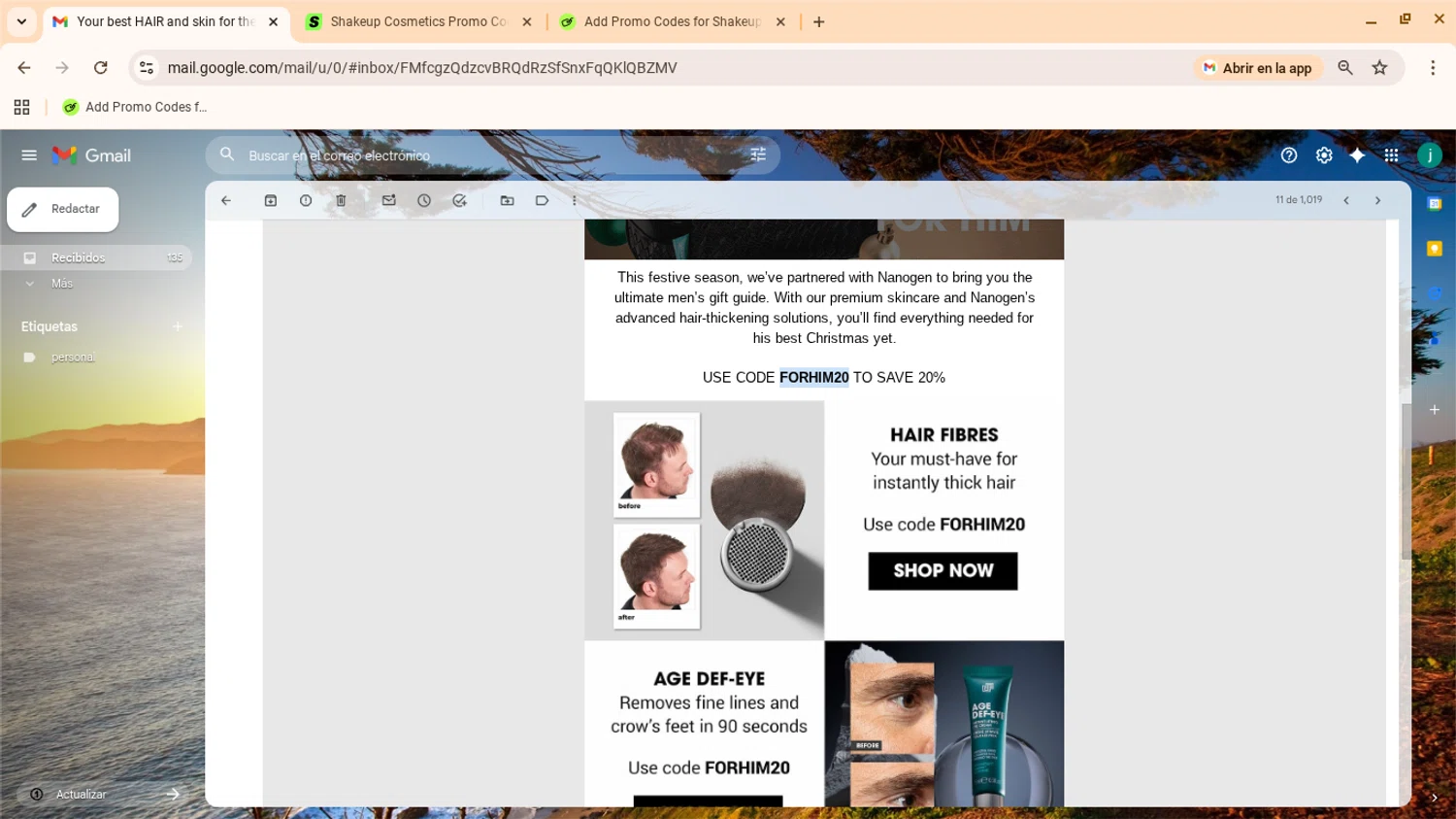 Shakeup Cosmetics discount code screenshot showing code FORHIM20 applied at Shakeup Cosmetics checkout page. Uploaded by SimplyCodes community member yennifergonzalez on Dec 4, 2025