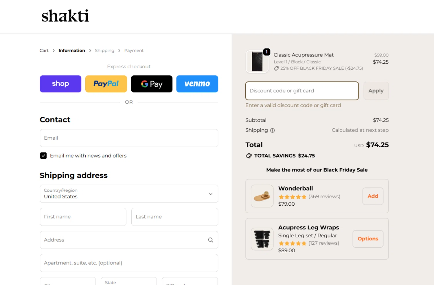 Shakti Mat US promo code screenshot showing code SHAKTI20 applied at Shakti Mat US checkout page. Uploaded by SimplyCodes community member Dallas on Nov 15, 2025