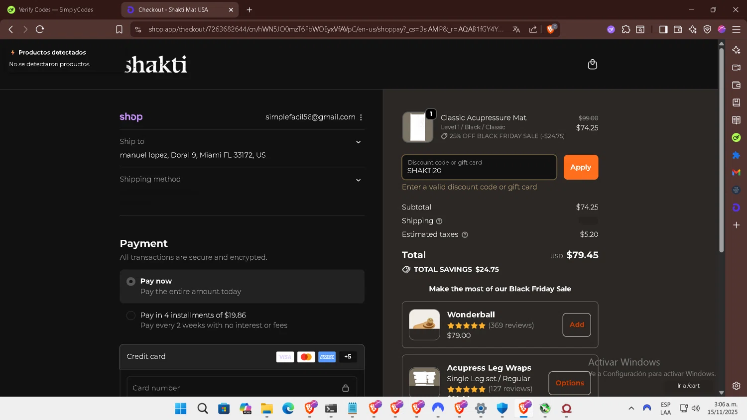 Shakti Mat US promo code screenshot showing code SHAKTI20 applied at Shakti Mat US checkout page. Uploaded by SimplyCodes community member BOLITAS on Nov 15, 2025