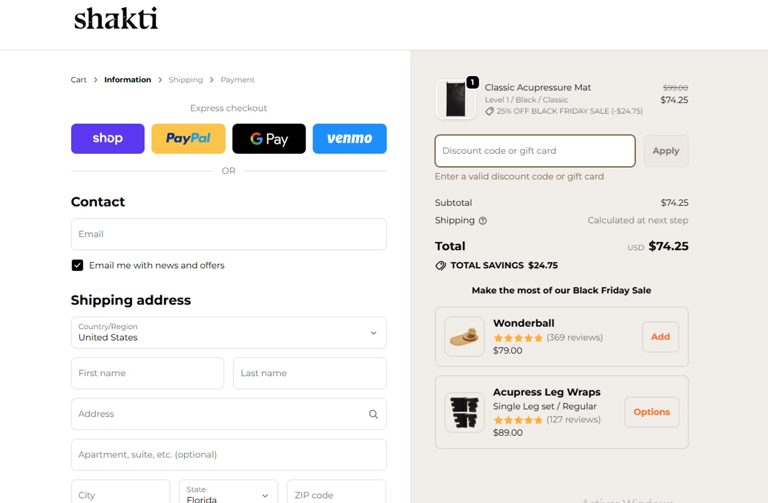 Shakti Mat US promo code screenshot showing code SHAKTI20 applied at Shakti Mat US checkout page. Uploaded by SimplyCodes community member WonderSaver8569 on Nov 15, 2025